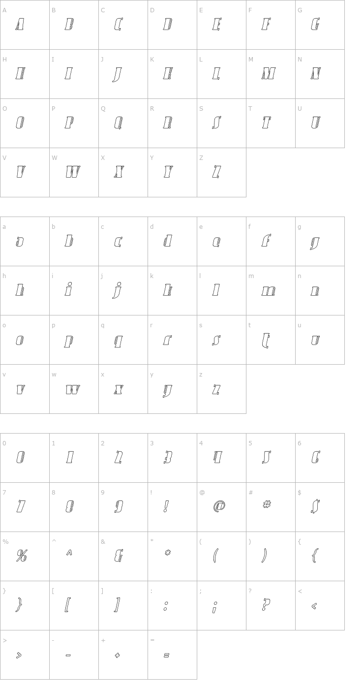 Character Map Avondale Outline Italic Font