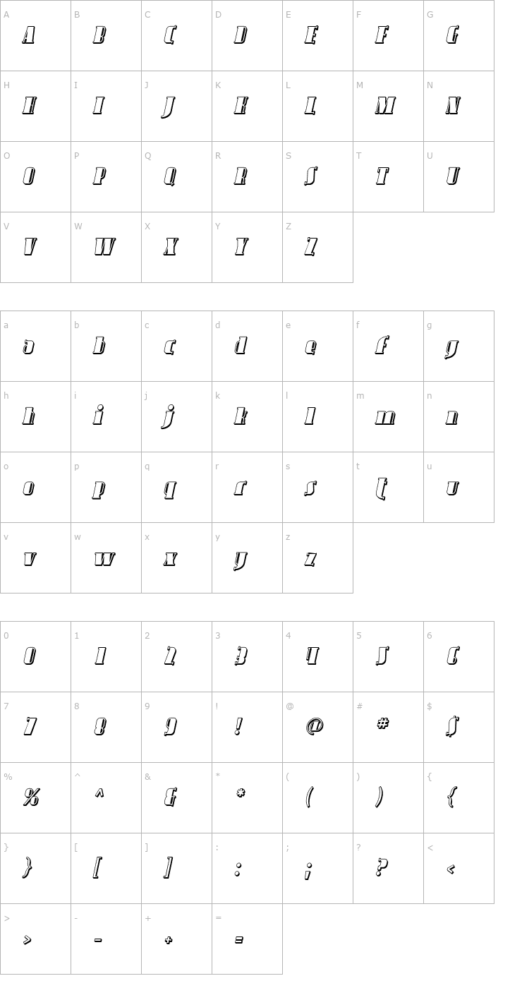 Character Map Avondale Shaded Italic Font