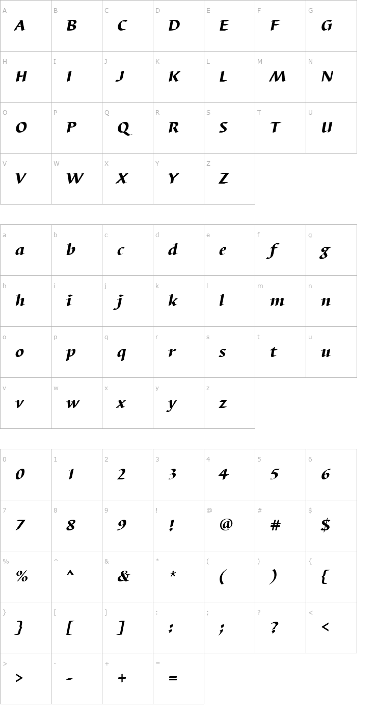 Character Map BarbedorTHea Italic Font