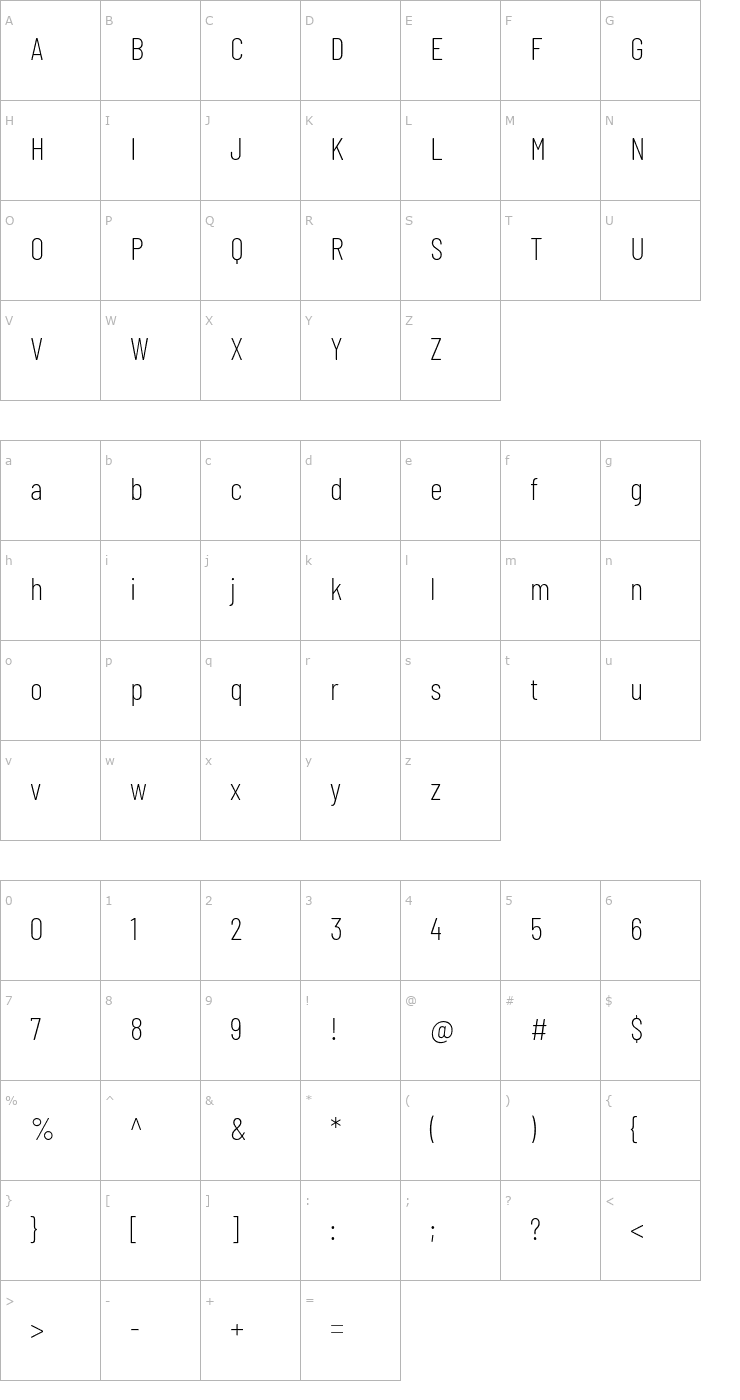 Character Map Barlow Condensed ExtraLight Font