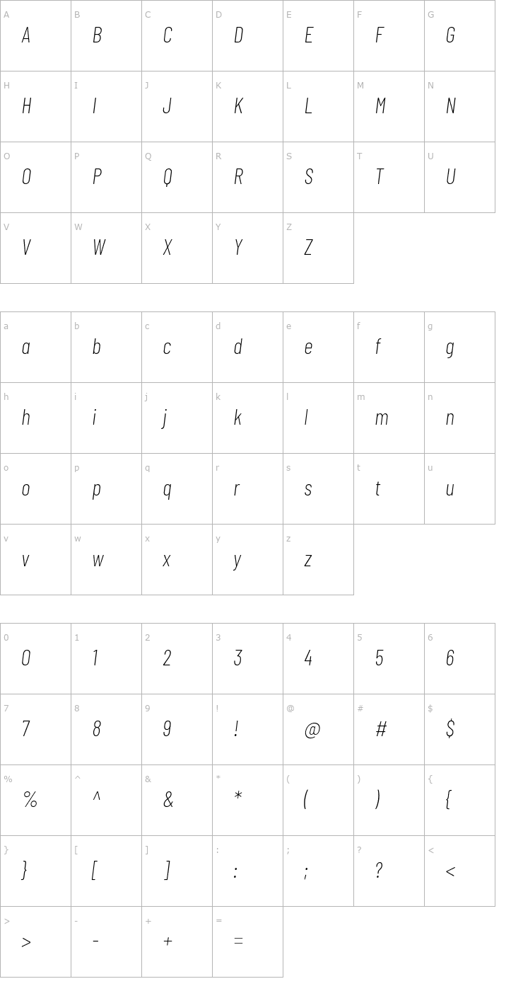 Character Map Barlow Condensed ExtraLight Italic Font