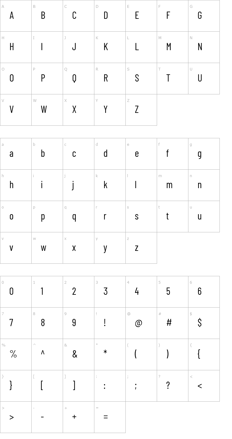 Character Map Barlow Condensed Font