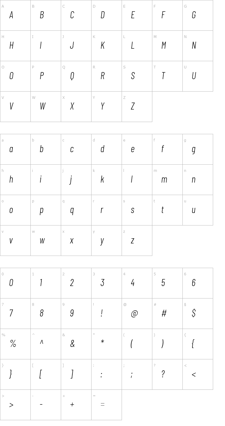 Character Map Barlow Condensed Light Italic Font