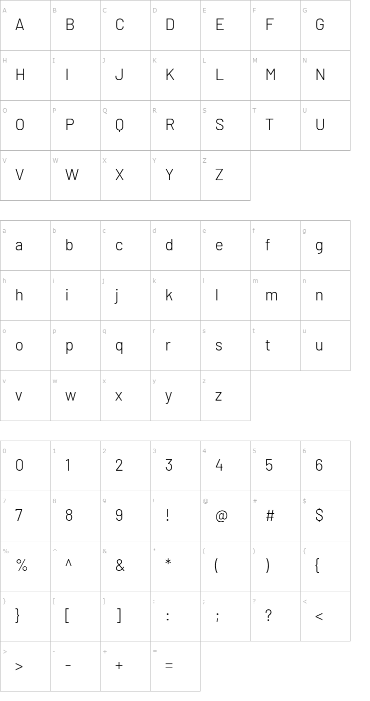 Character Map Barlow Light Font