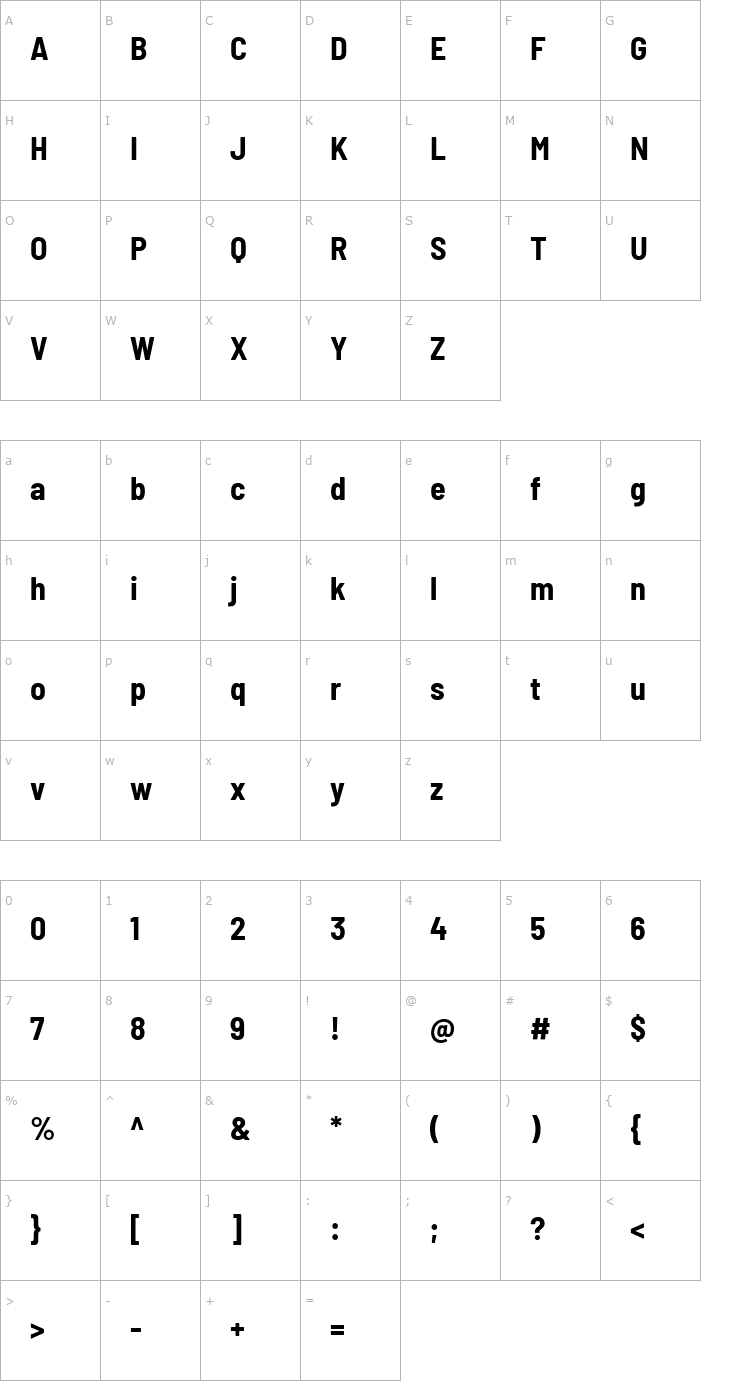 Character Map Barlow Semi Condensed Bold Font