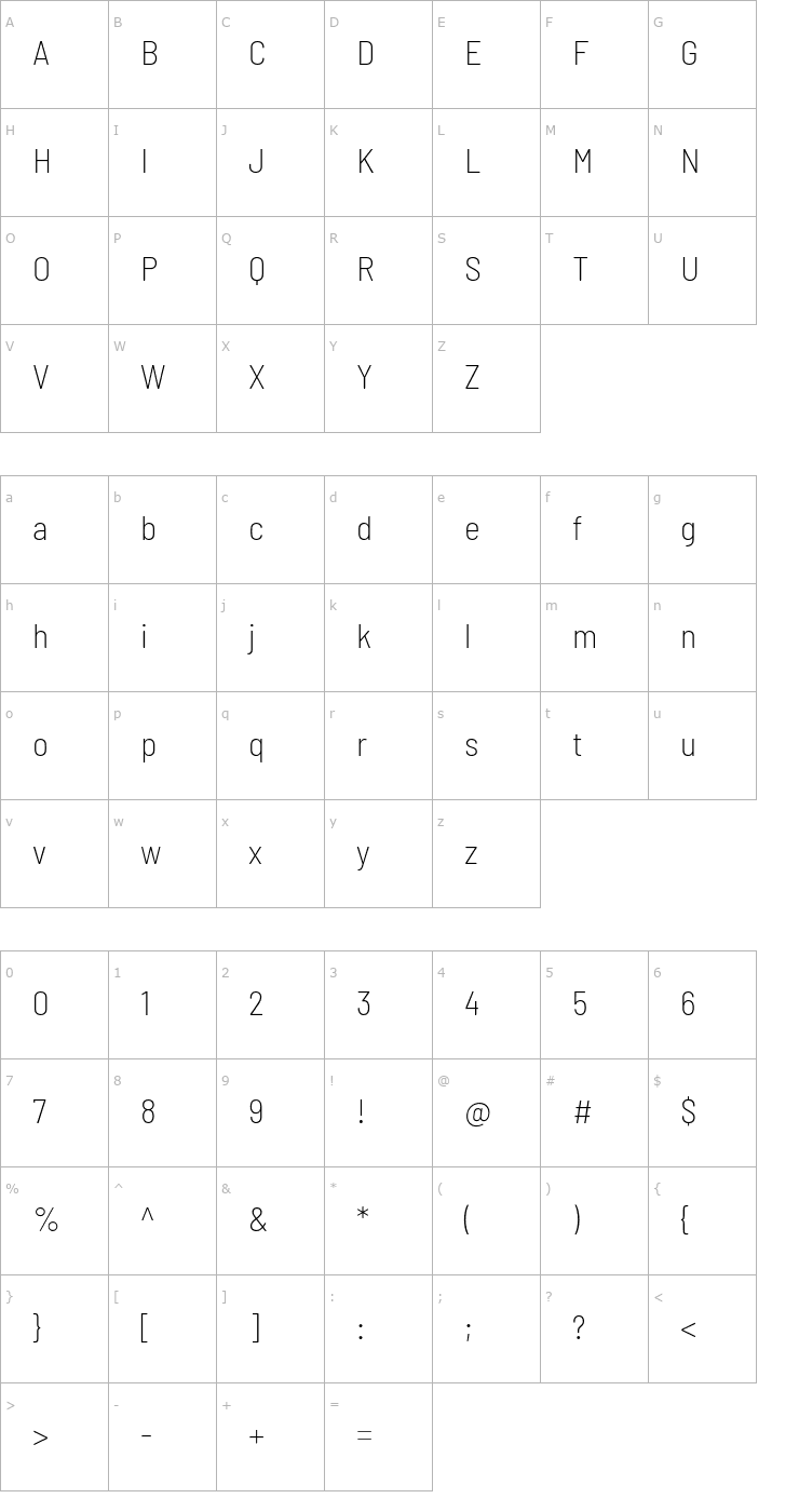 Character Map Barlow Semi Condensed ExtraLight Font