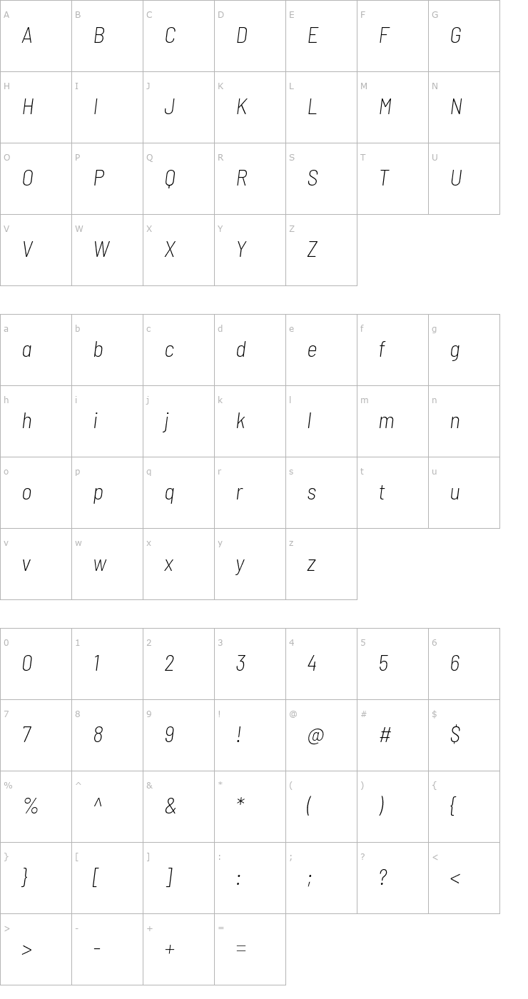 Character Map Barlow Semi Condensed ExtraLight Italic Font