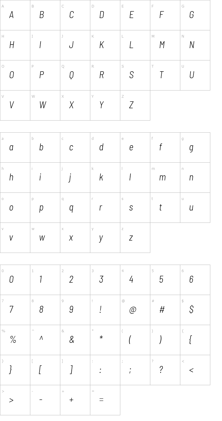 Character Map Barlow Semi Condensed Light Italic Font