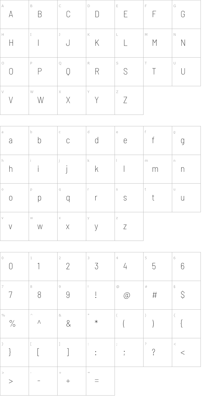 Character Map Barlow Semi Condensed Thin Font