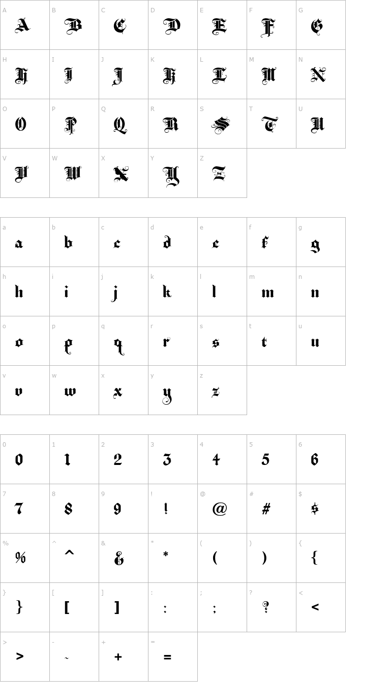 Character Map BaroqueTextJF Font