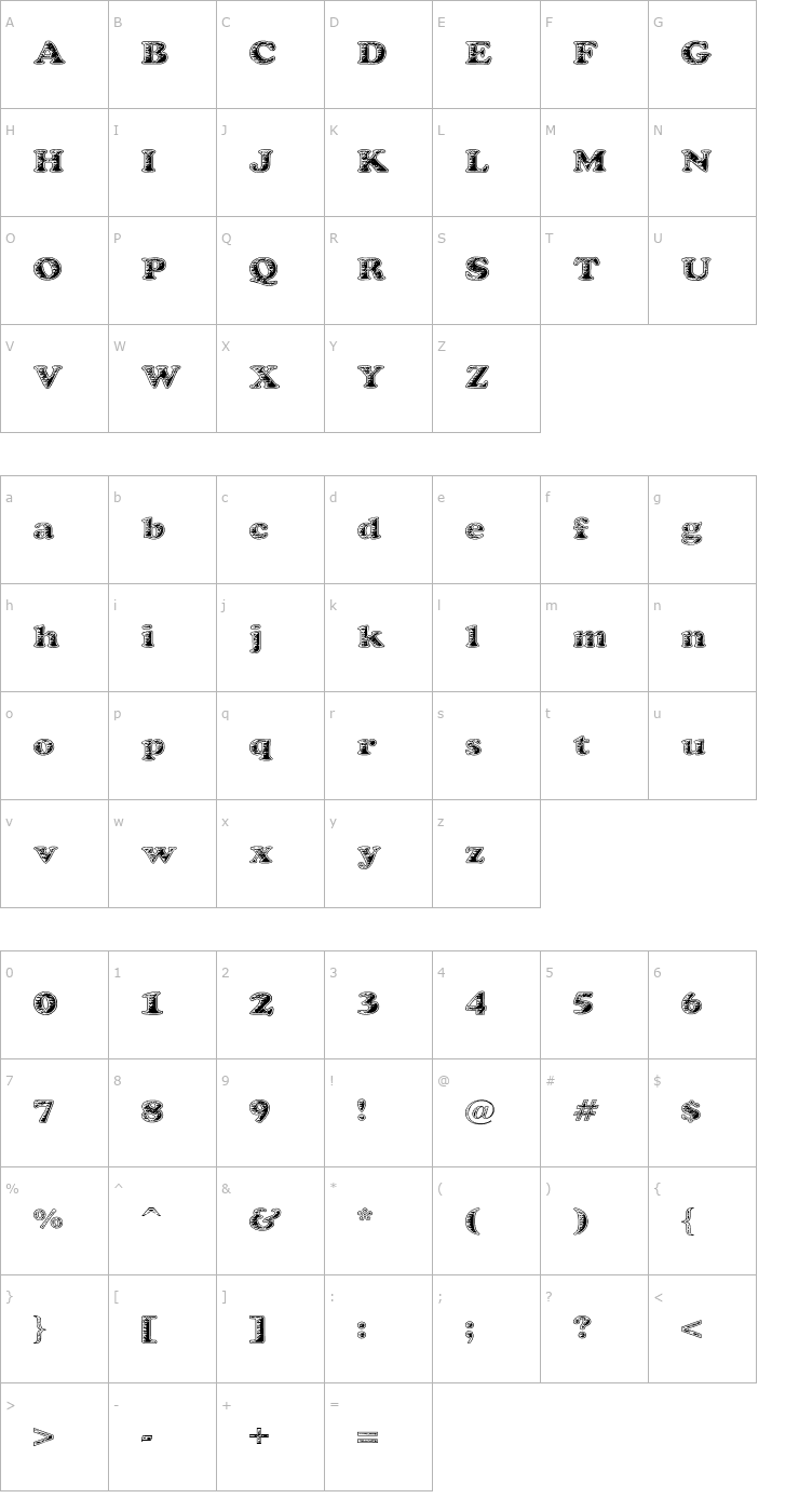 Character Map Battered Cooper Font