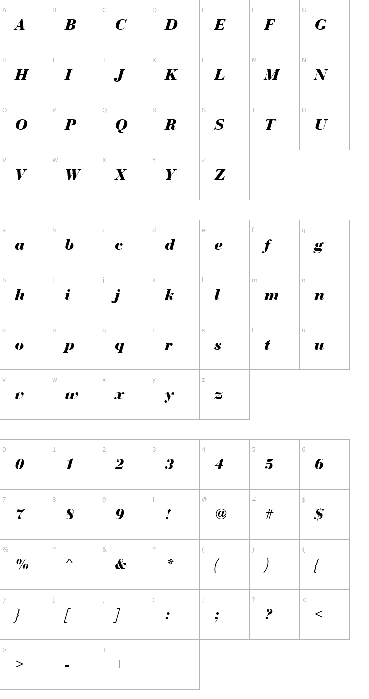 Character Map BauerBodD Bold Italic Font