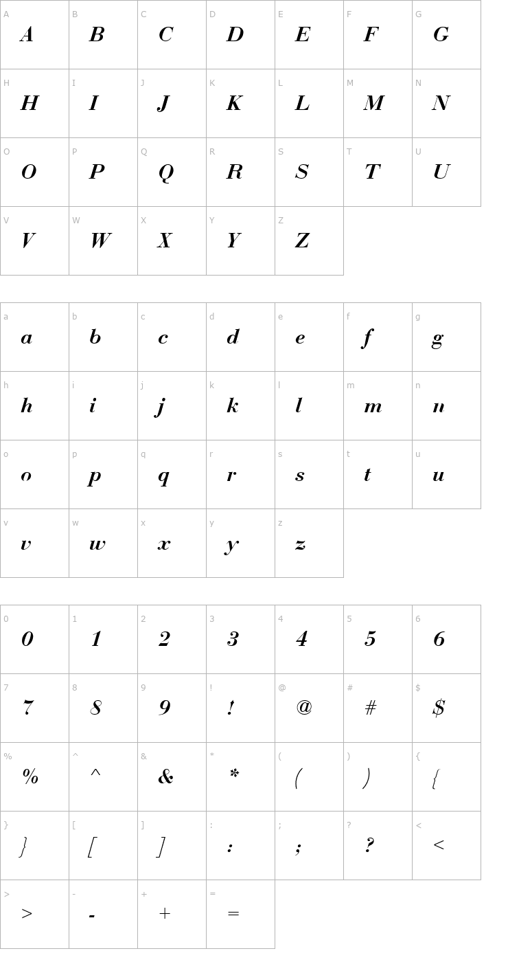 Character Map BauerBodDDemBol Italic Font