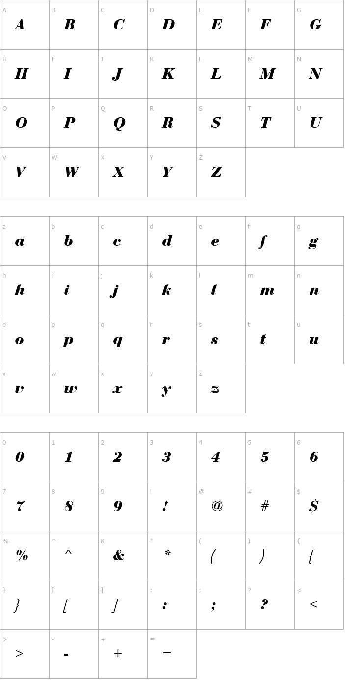 Character Map BauerBodT Bold Italic Font