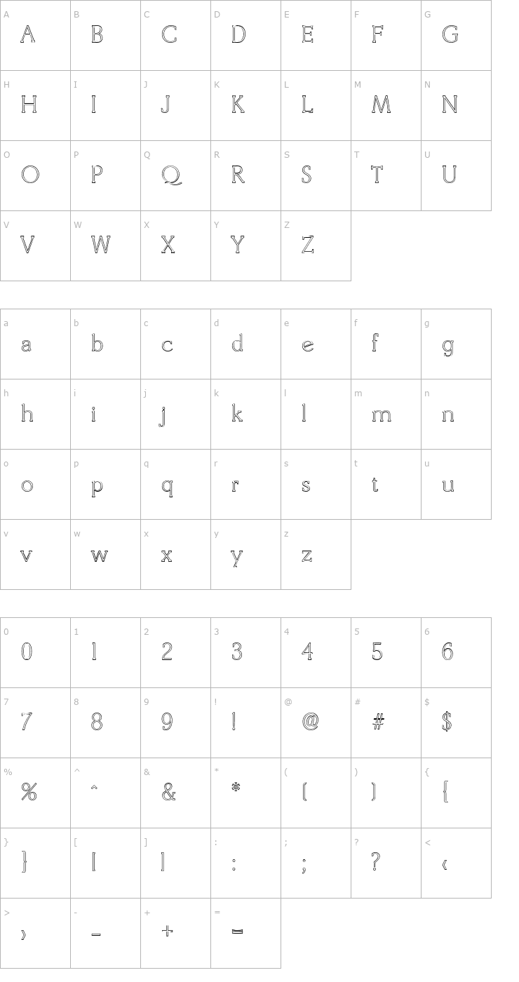 Character Map BenjaminBeckerOutline-ExLight Font