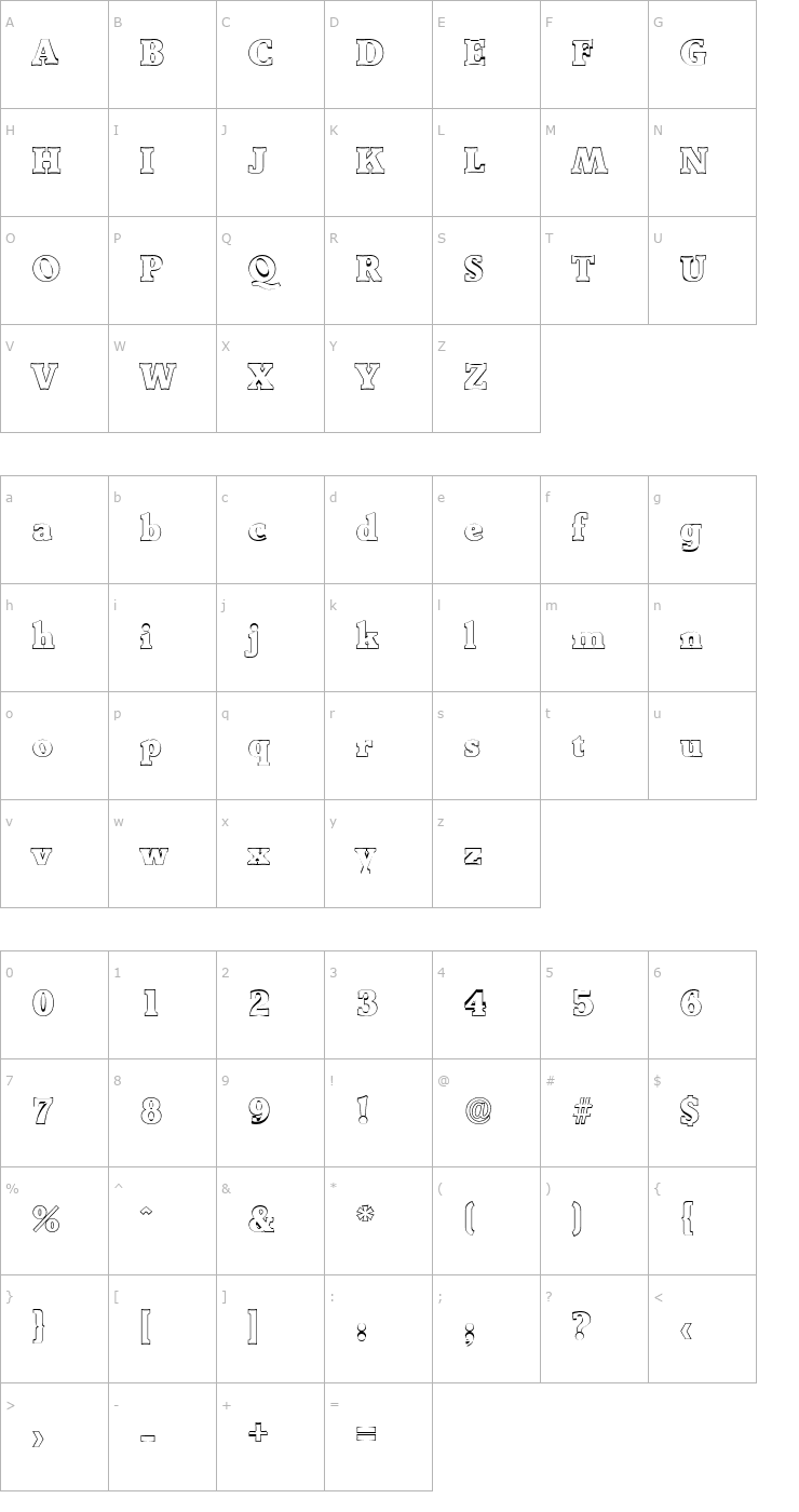 Character Map BenjaminBeckerOutline-Heavy Font