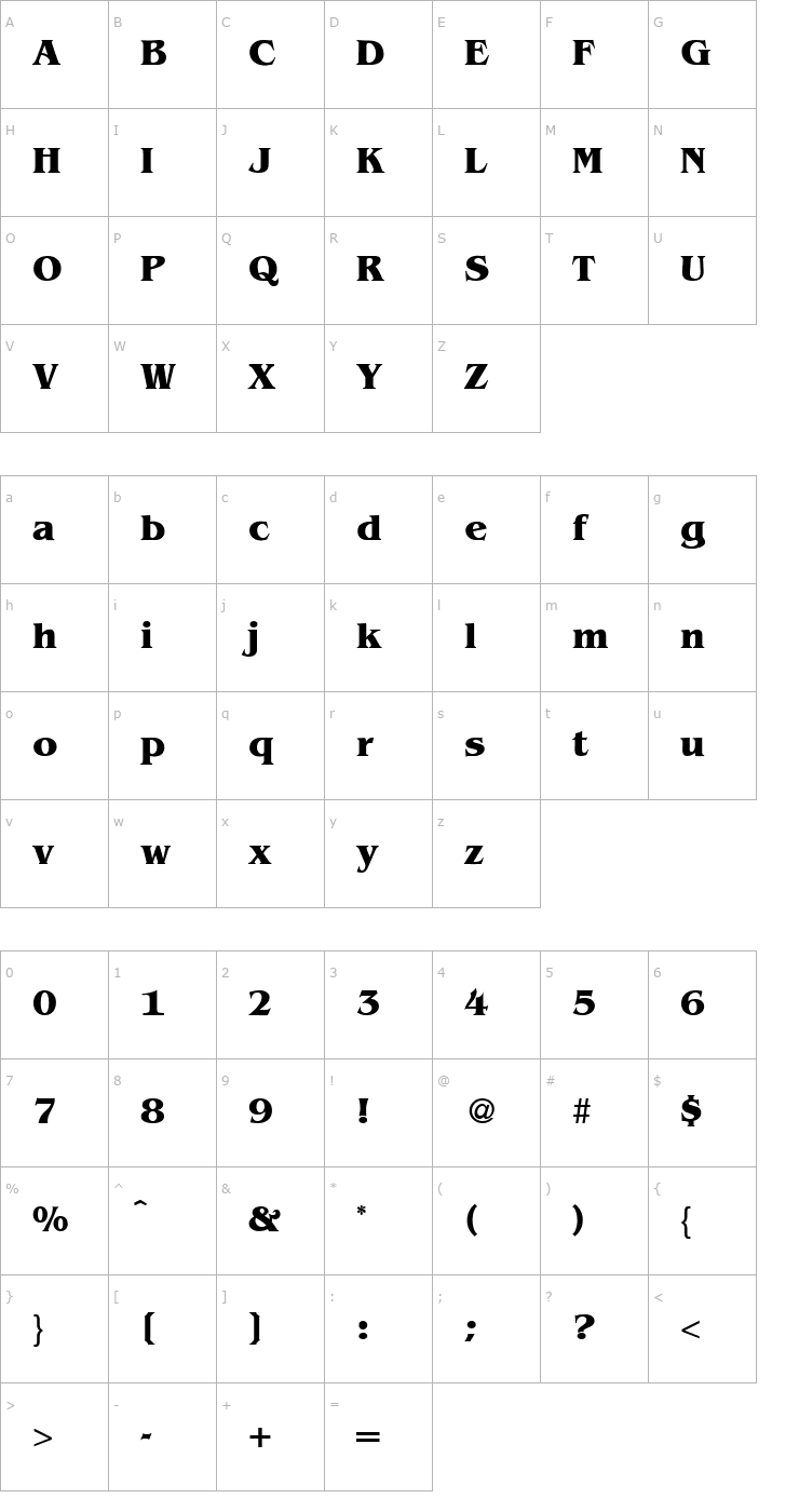 Character Map BenjaminSerif-Bold Font