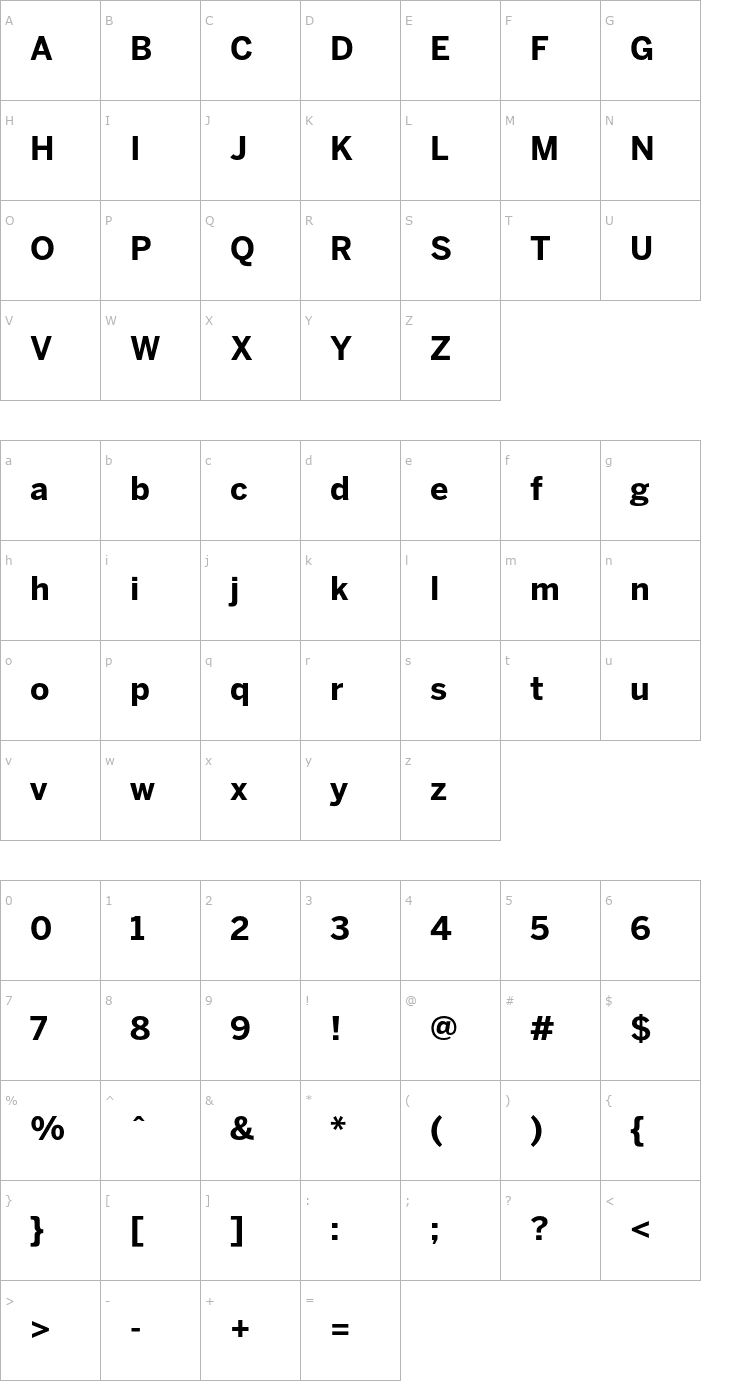 Character Map BentonSans Bold Font