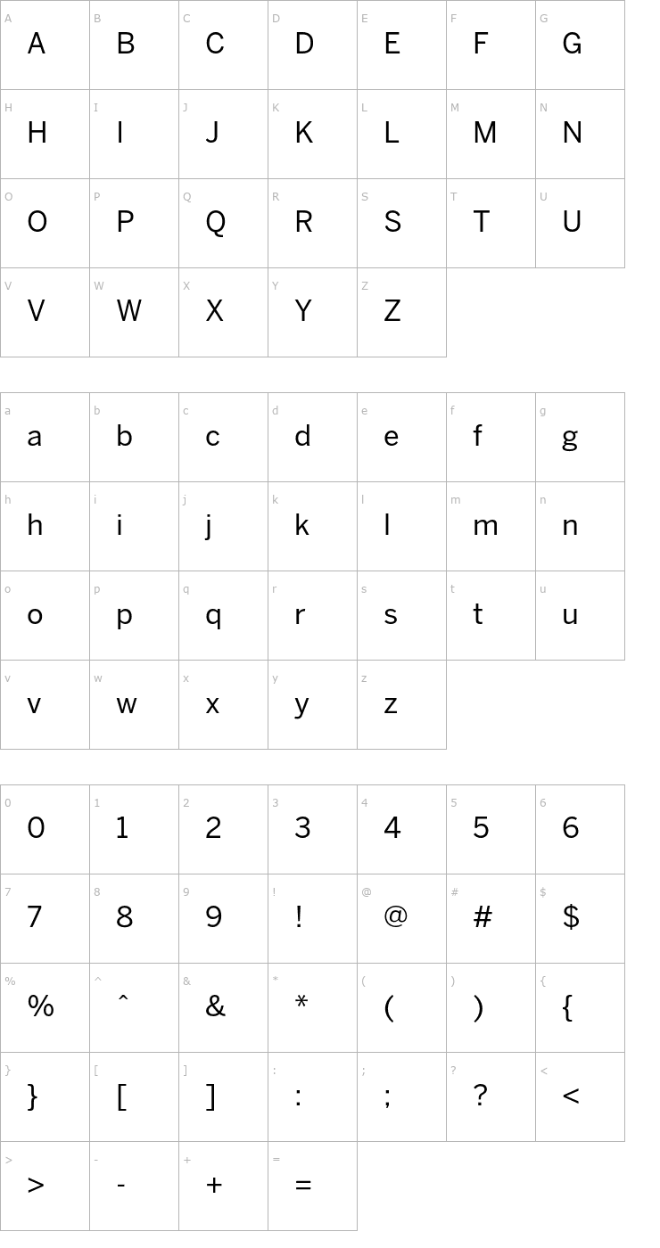 Character Map BentonSans Regular Font