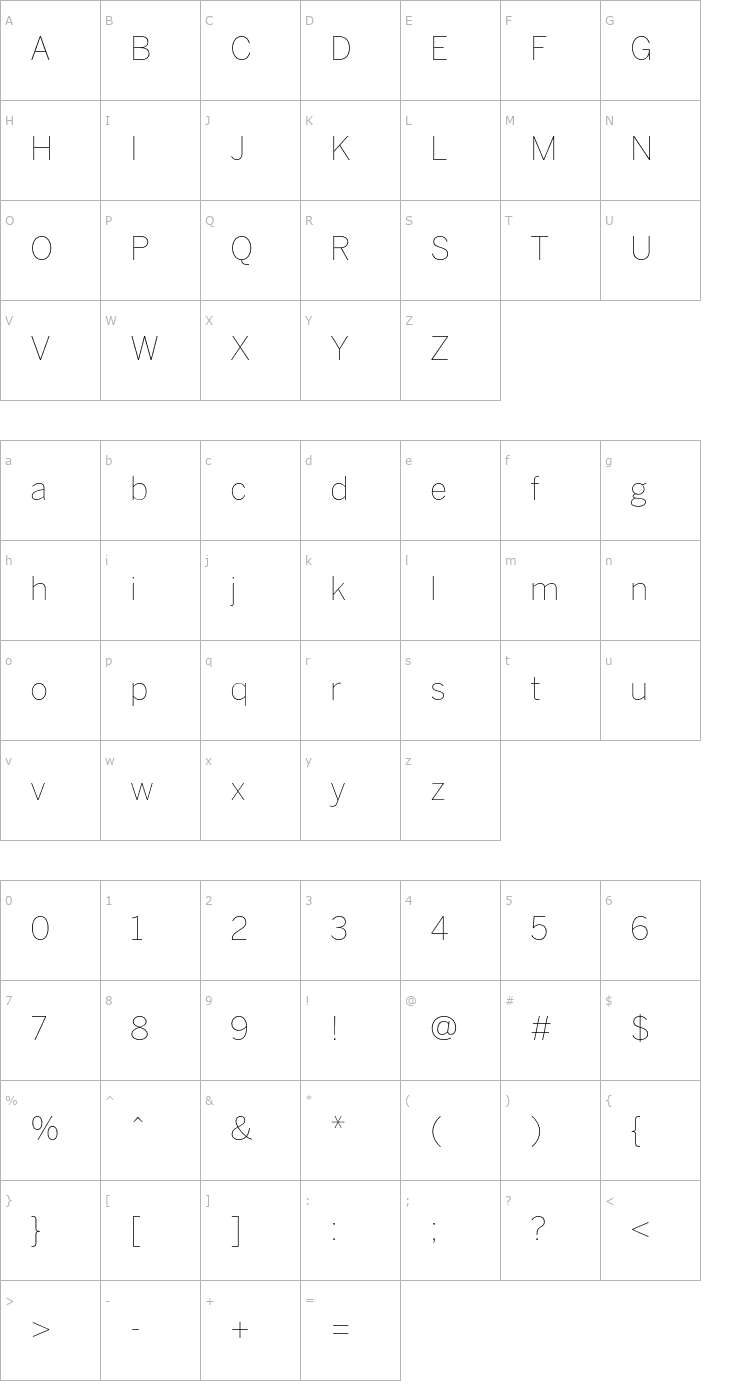 Character Map BentonSans Thin Font