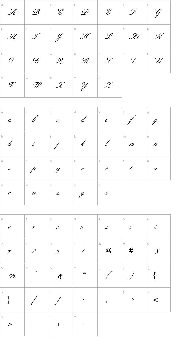 Character Map BerneseScript-Bold Font