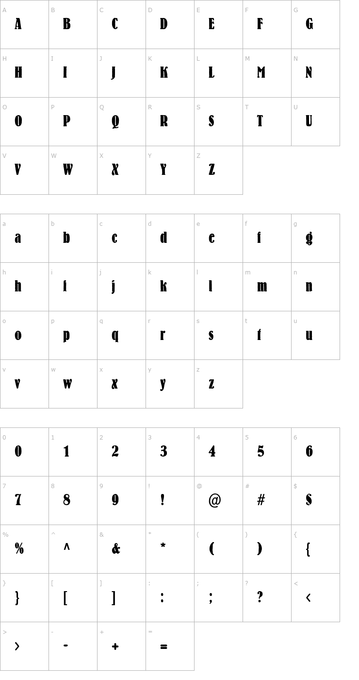 Character Map BernhardCondensed Regular Font