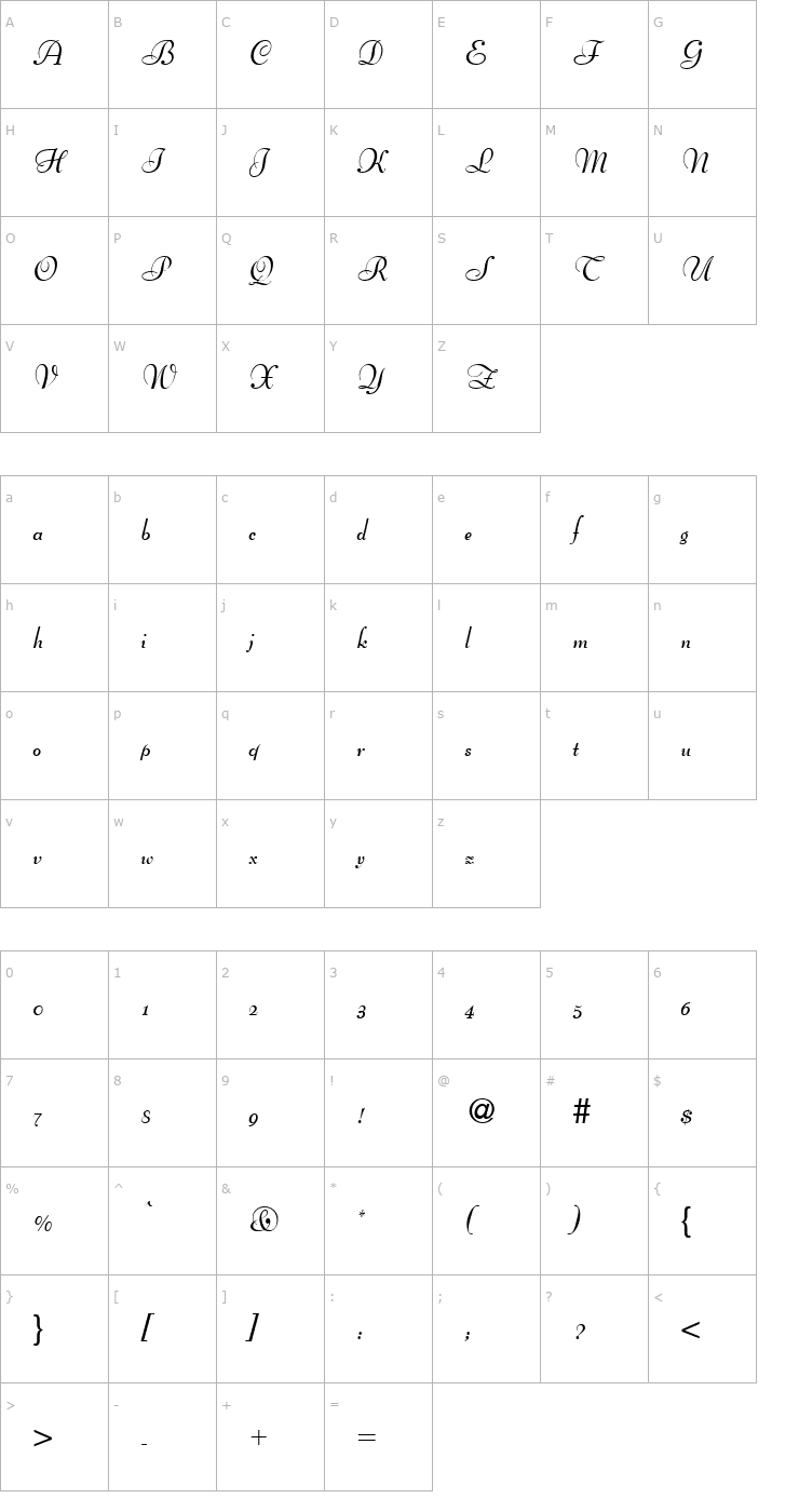 Character Map BernhardScript-Bold Font