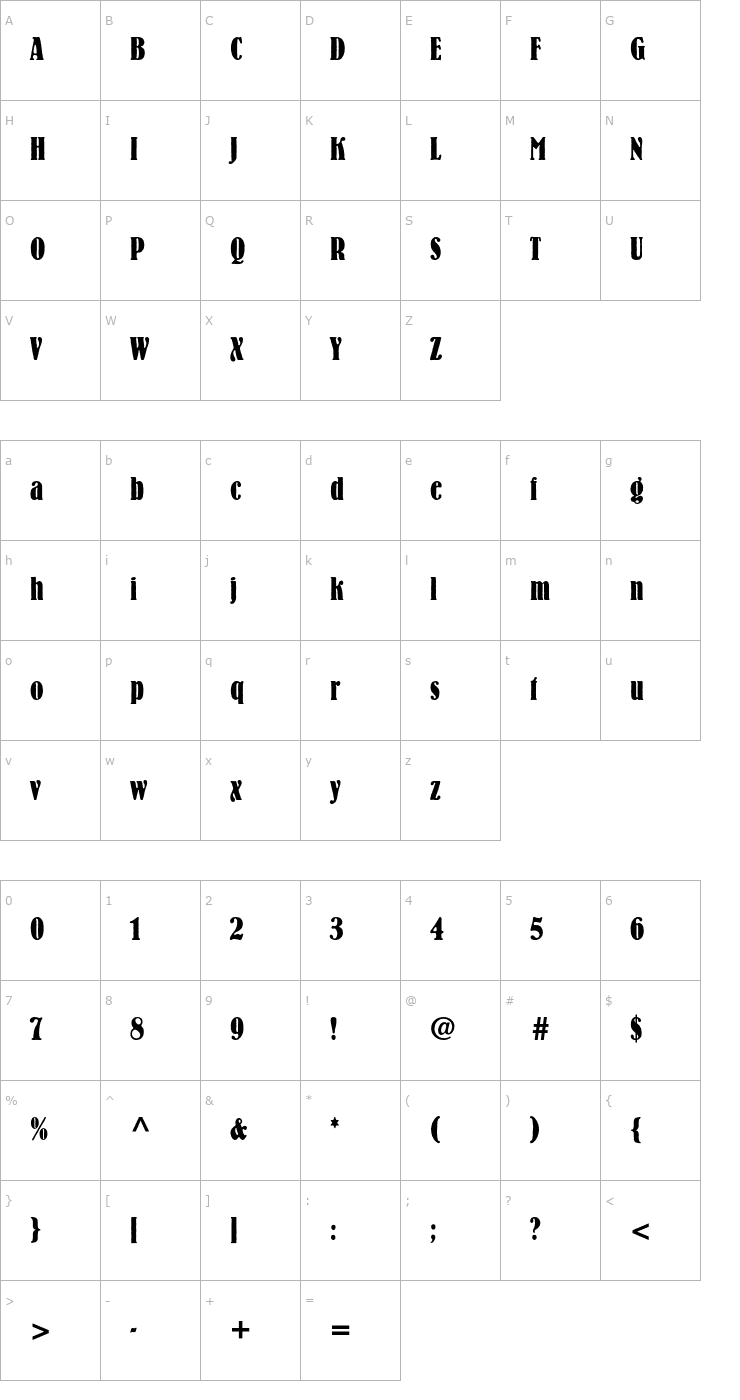 Character Map BernhardStd-BoldCondensed Font