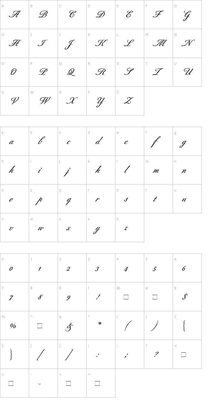 Character Map BertholdScript-Medium Font