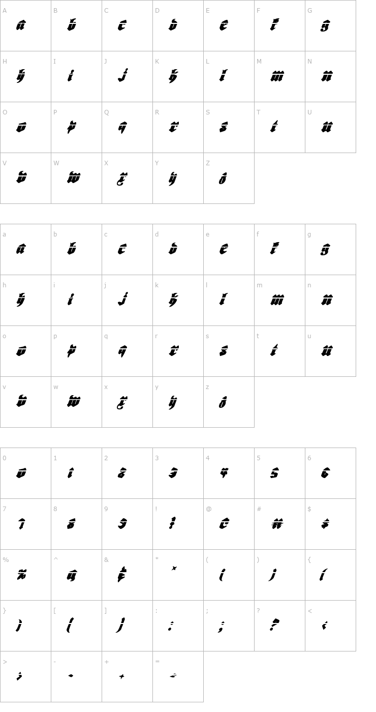 Character Map Biergarten Laser Italic Font