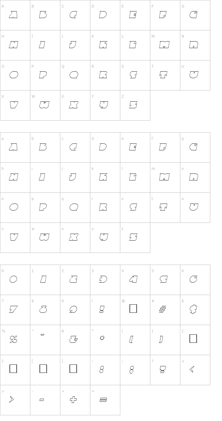 Character Map Big Moma Outline SF Italic Font