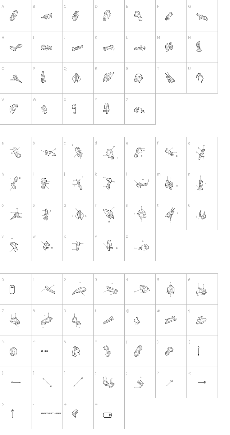 Character Map Bioprosthesis Font