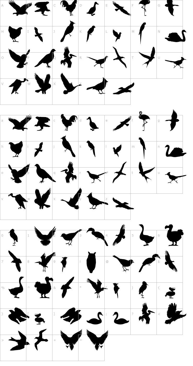 Character Map Birds of a Feather Font