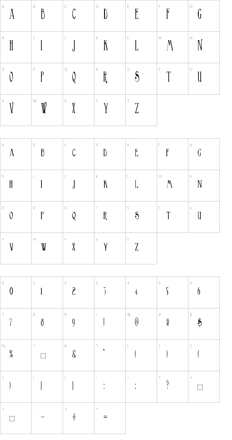 Character Map BirminghamTitlingElongated Font