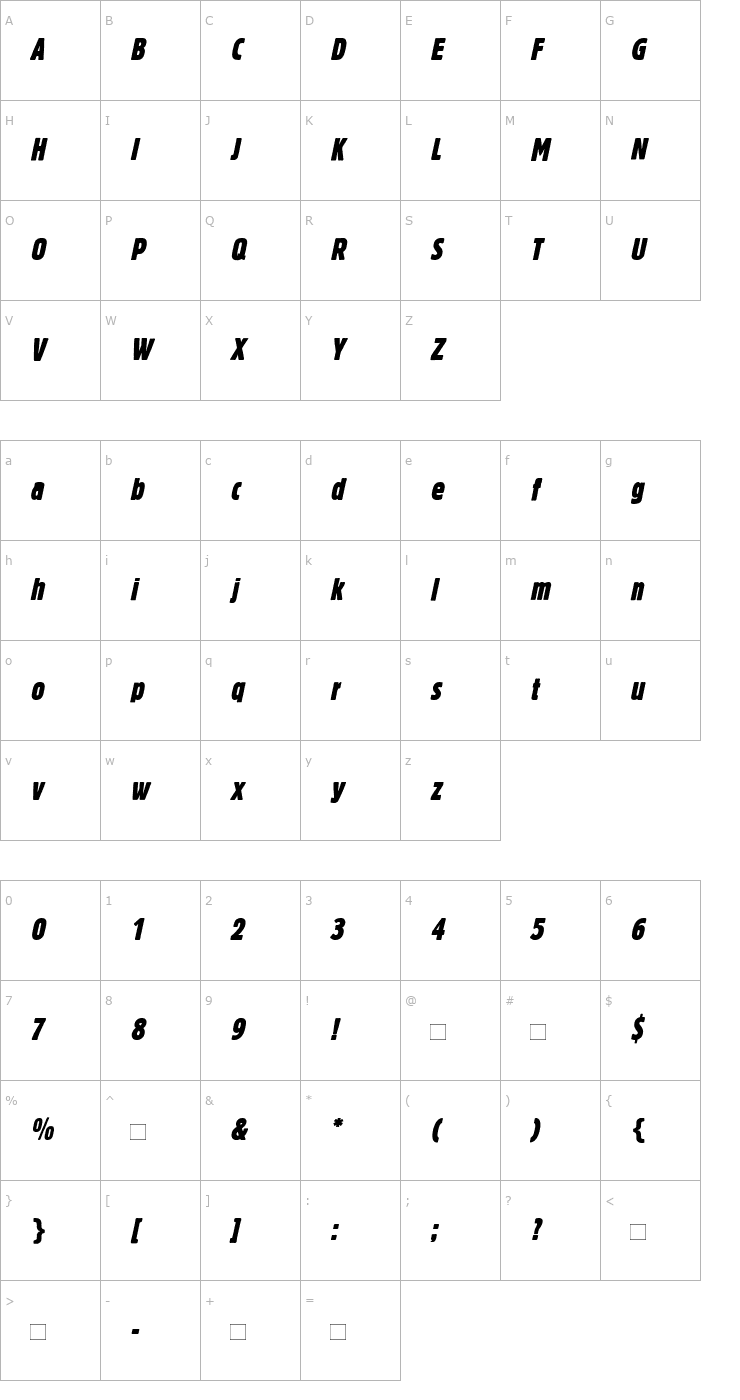 Character Map BlockBerthold-ExtraCondensed Italic Font