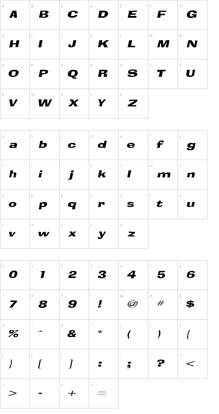 Character Map BloxExtended Italic Font