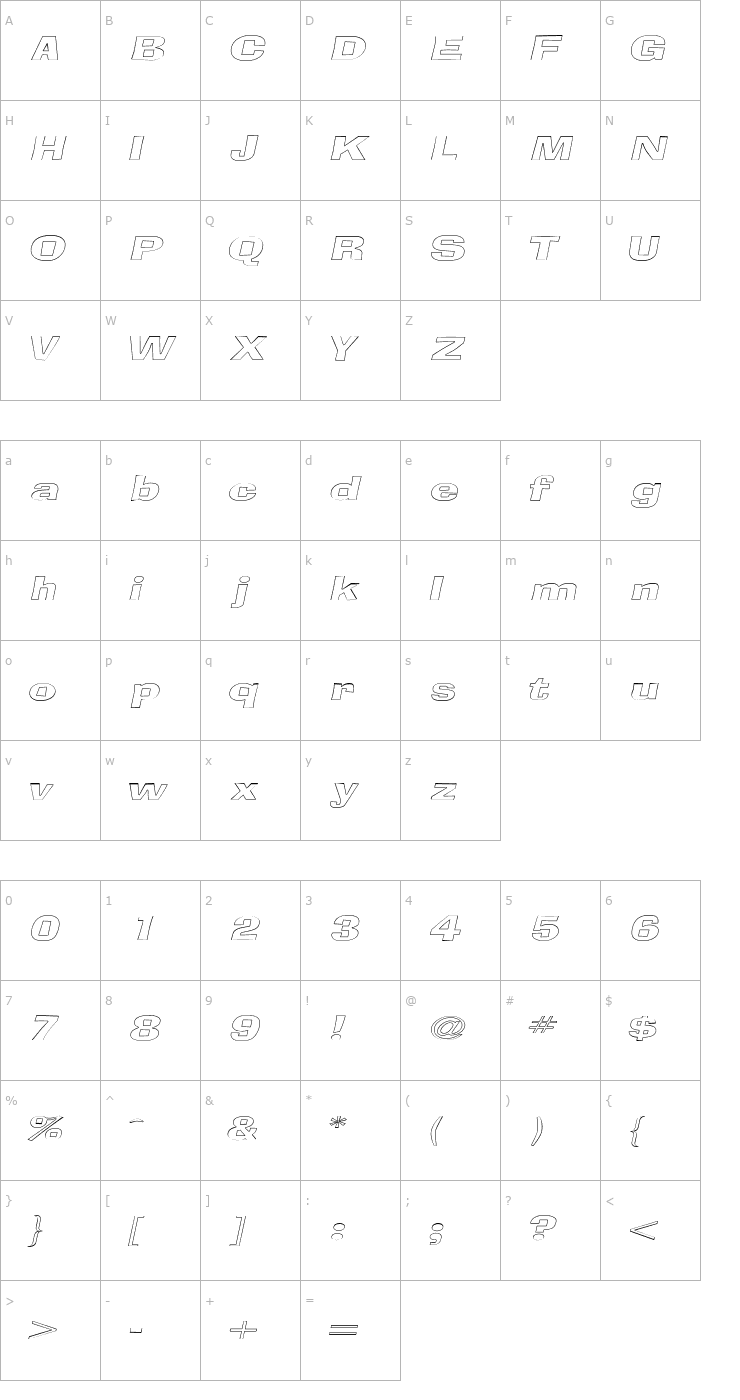 Character Map BloxOutlineExtended Italic Font