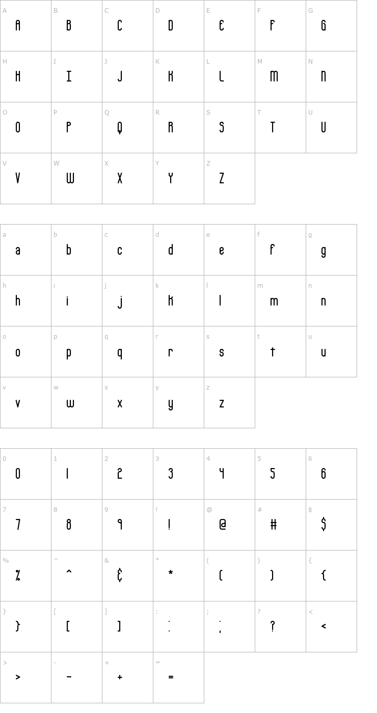 Character Map Bobcaygeon Plain -BRK- Font