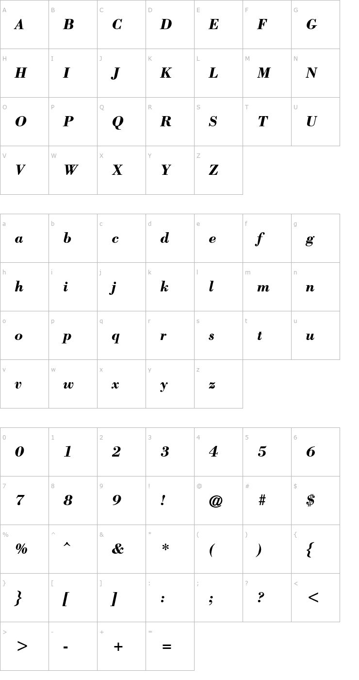 Character Map Bodony Bold Italic Font