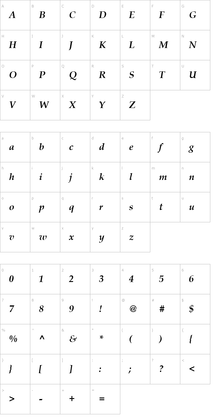 Character Map Book Antiqua Bold Italic Font