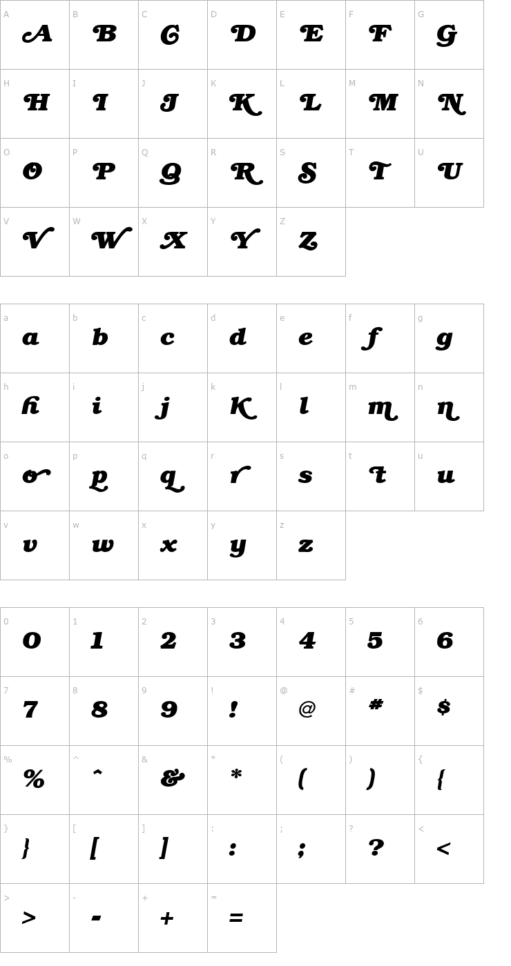 Character Map Bookman Bold Swash Bold Italic Font