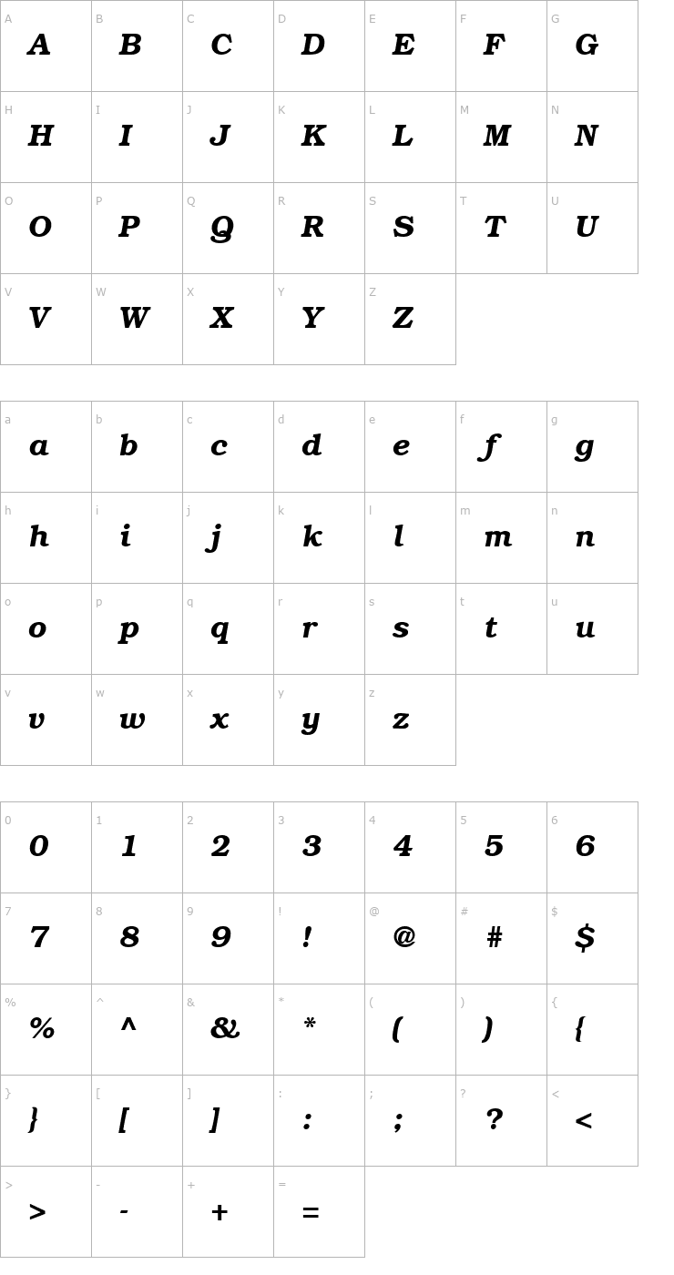 Character Map Bookman-BoldItalic Font