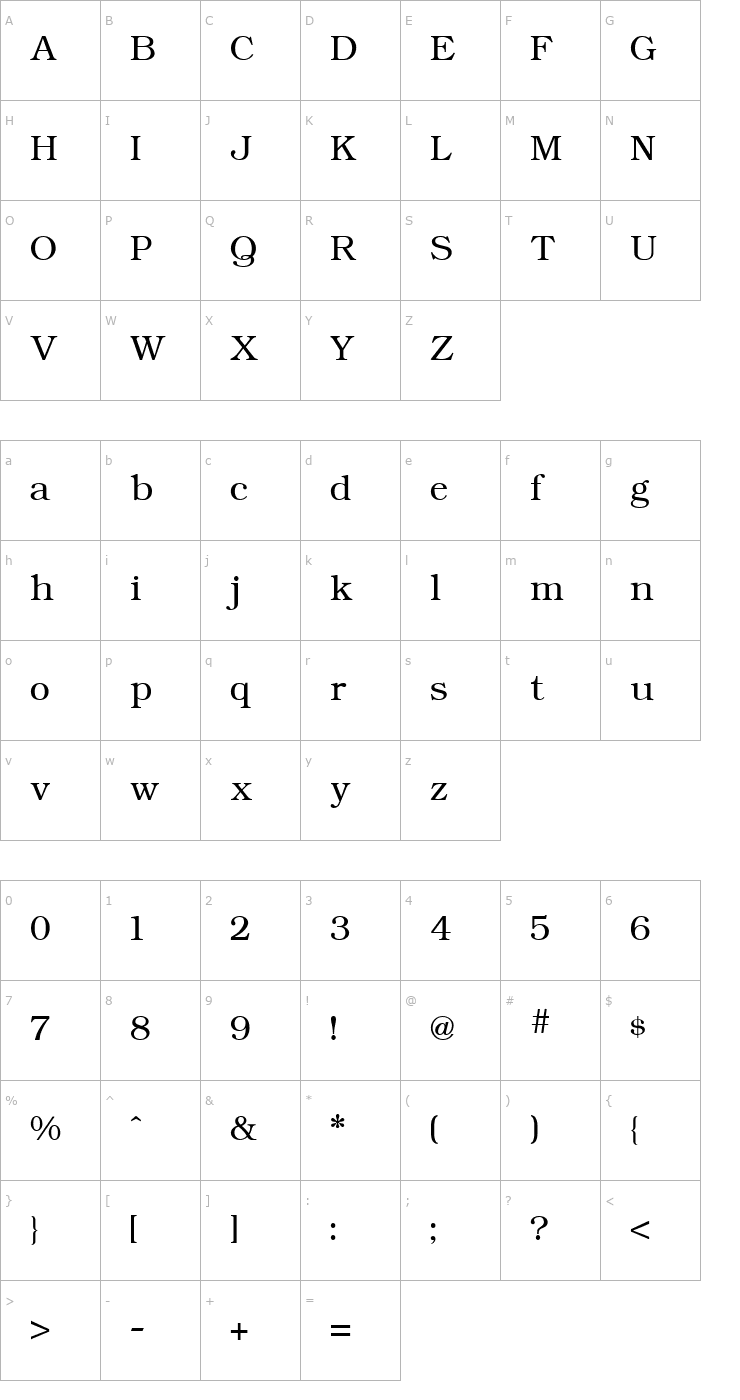 Character Map Bookman Light Regular Font