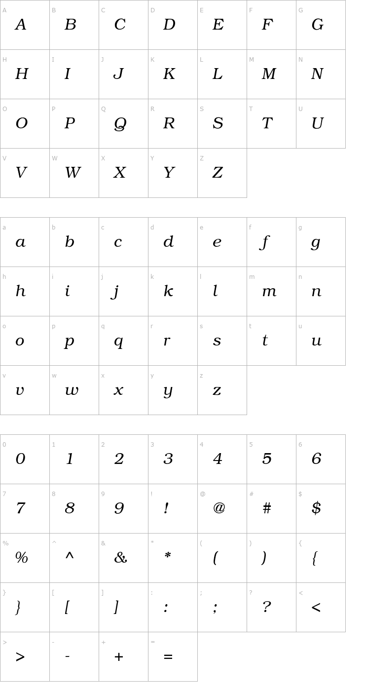 Character Map Bookman-LightItalic Font