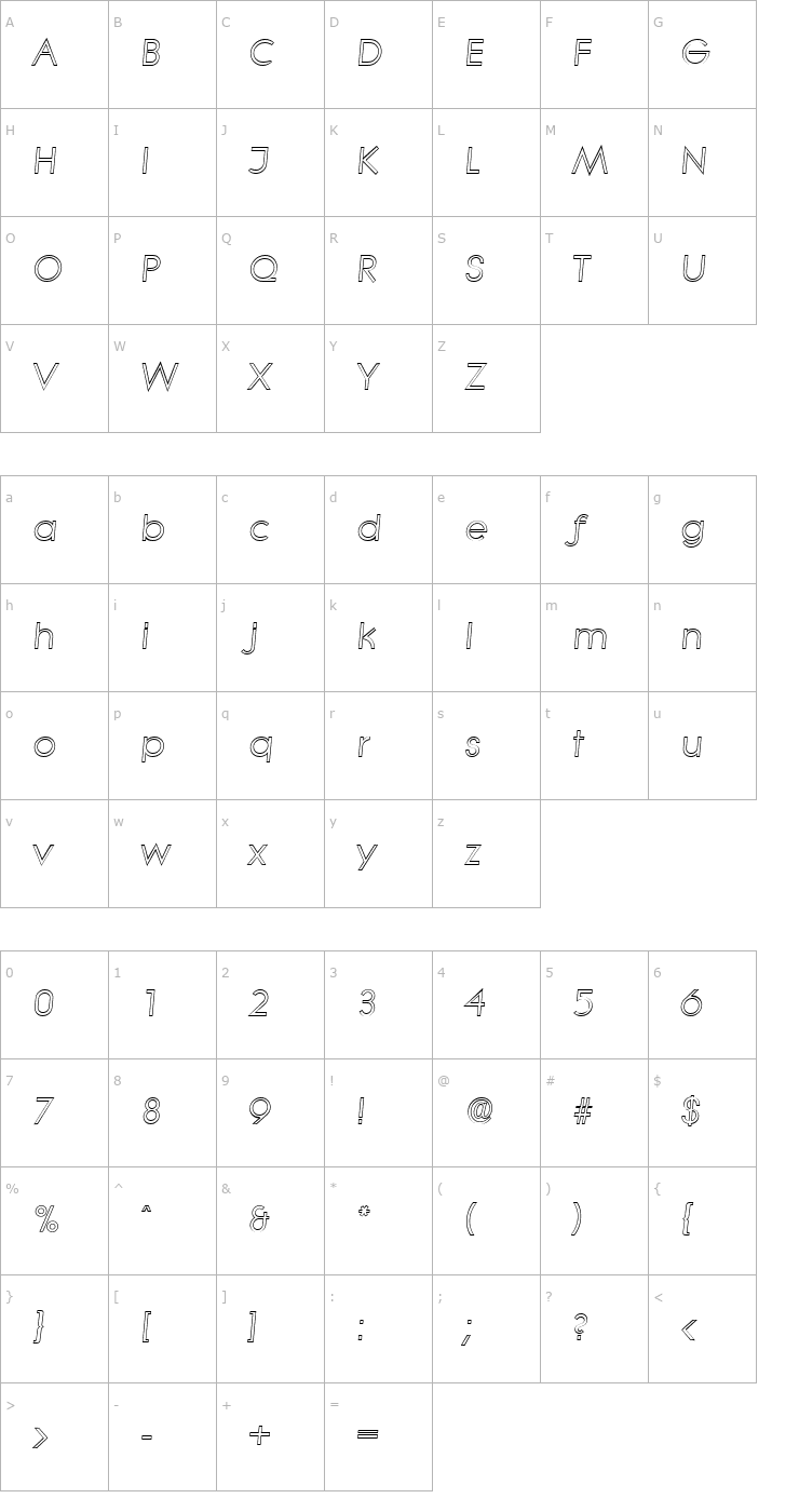 Character Map BradBeckerOutline-Italic Font