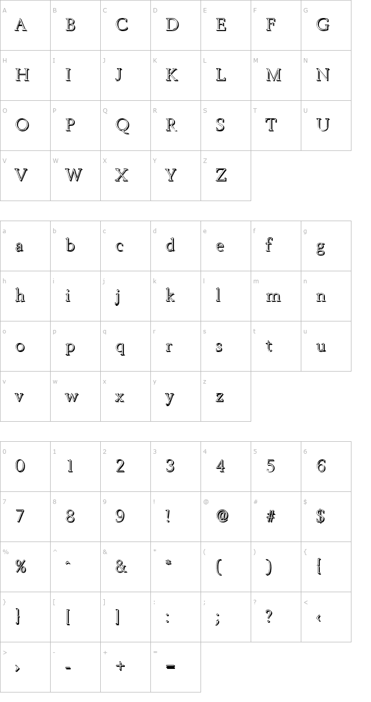 Character Map BrandonBeckerShadow-Xlight-Regular Font