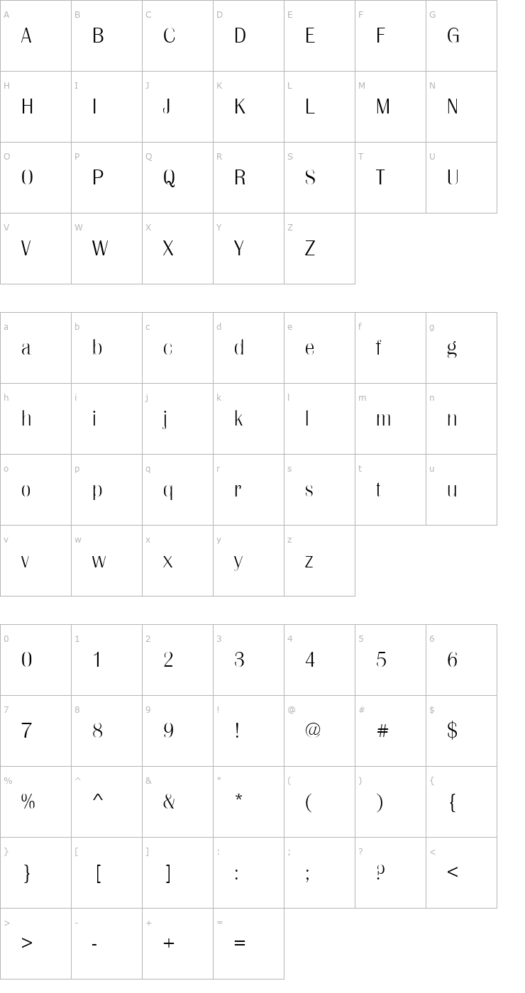 Character Map Britannic_Becker_Ext_Light Font