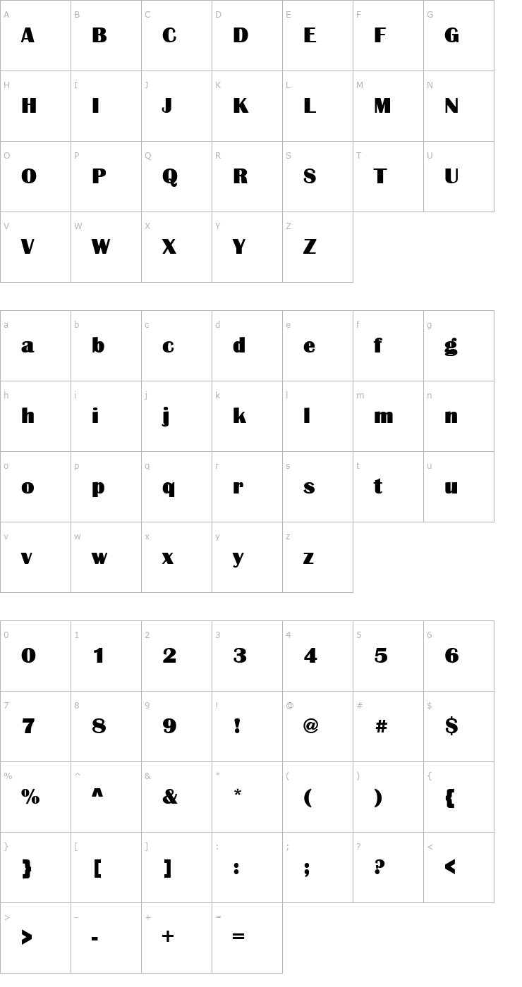 Character Map Britannic_Becker_Ultra Font