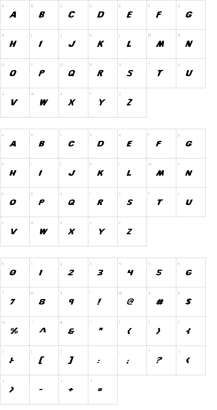 Character Map Bronic Expanded Italic Font