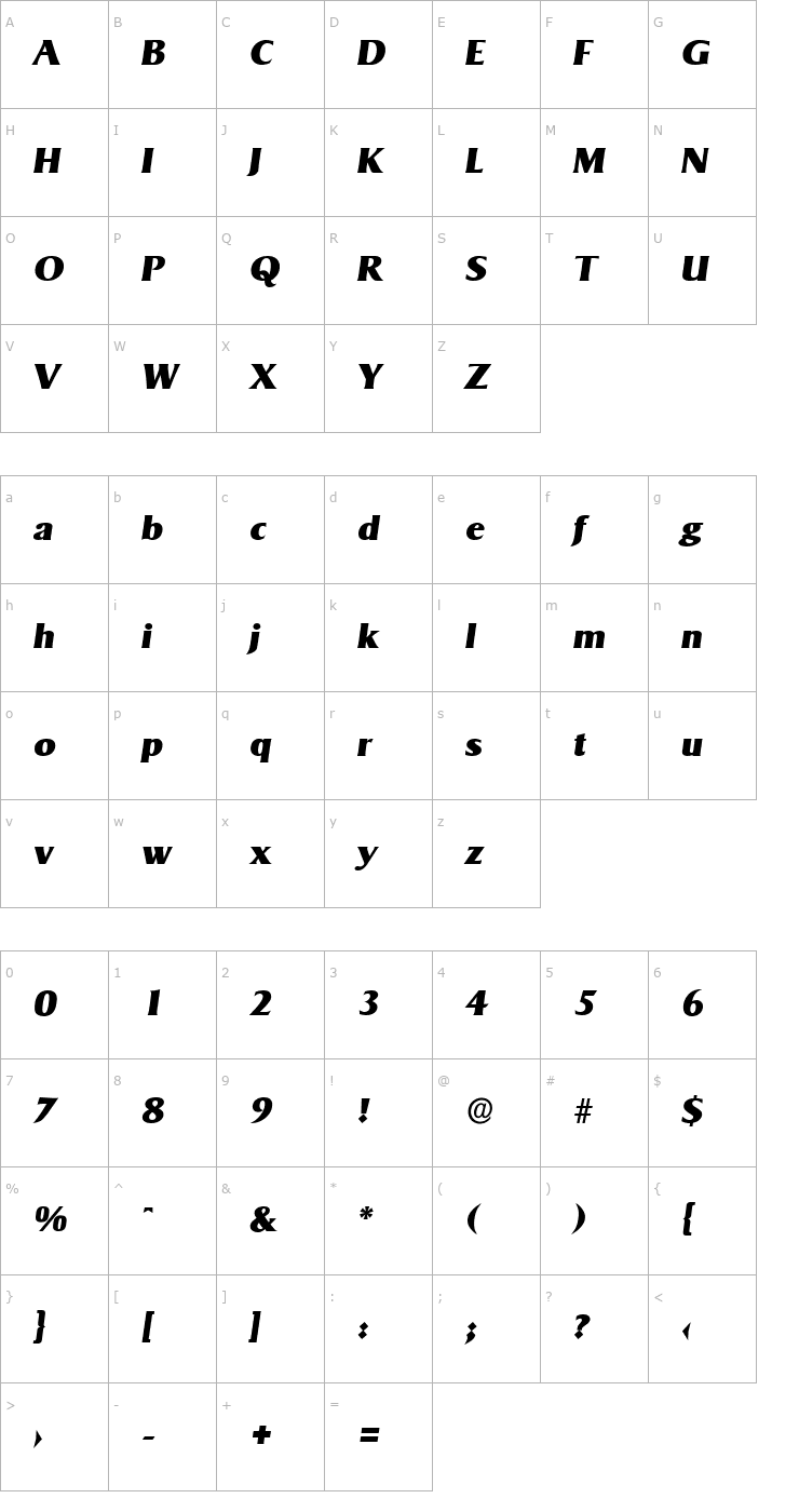 Character Map BruceBecker-Heavy Italic Font